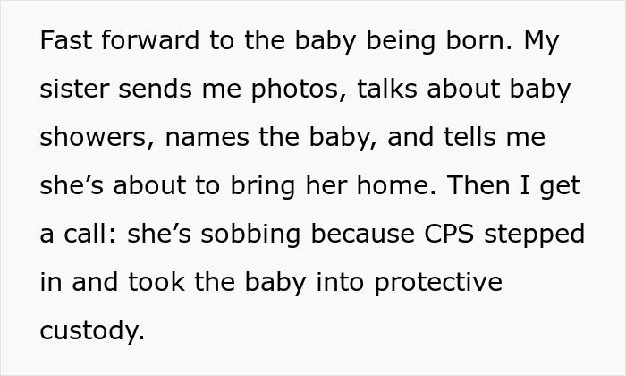 Text about sister’s plan to illegally adopt a baby and CPS intervening to take the baby into protective custody. Text about sister’s plan to illegally adopt a baby and CPS intervening to take the baby into protective custody.