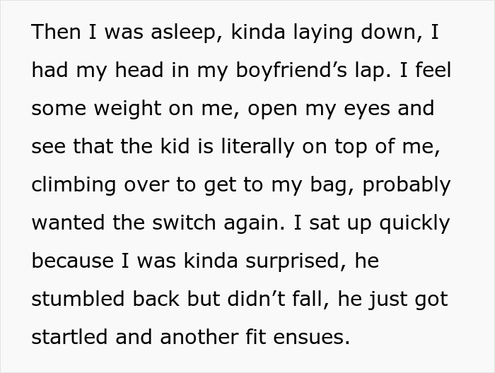 Text excerpt from a teen describing a struggle with a stranger&rsquo;s kid on a long flight refusing to entertain the child.