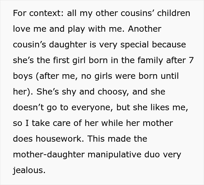 Text excerpt about woman gleaming while watching cousin&rsquo;s wife struggle after quitting free babysitting, describing family dynamics.