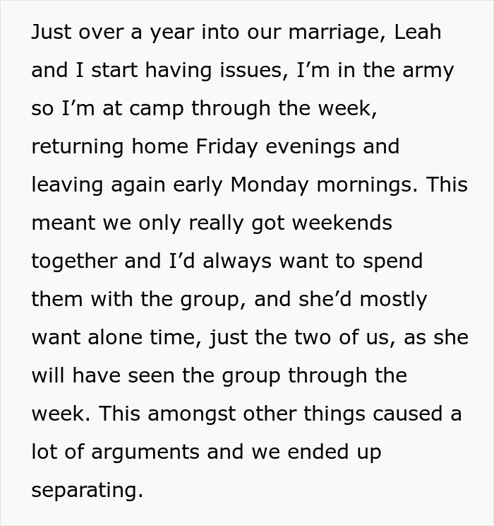 Text excerpt from a guy describing marriage issues due to army schedule leading to separation and trust fears with best man.
