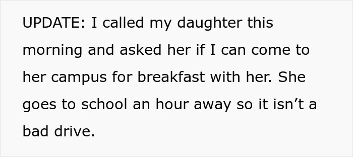 Text update showing a husband calling his daughter about visiting campus for breakfast after wife asked him not to date.