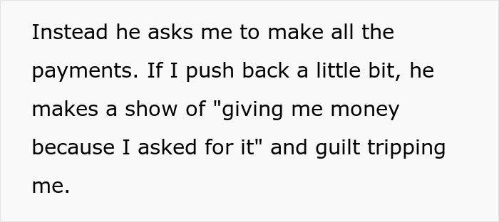 Text showing emotional manipulation and financial exploitation by manipulative parents through guilt tripping their 30-year-old daughter.
