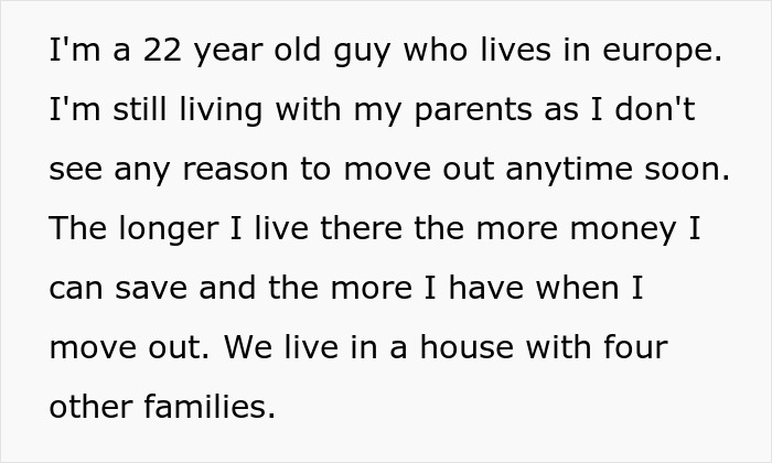 Text on a white background sharing a personal story about living with parents to save money before moving out.