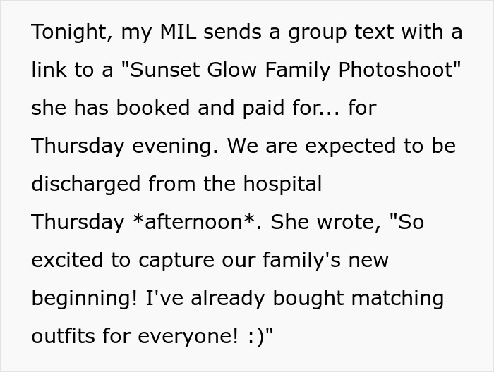 Group text from overbearing MIL booking family photoshoot just after daughter-in-law gives birth, causing tension with hubby.