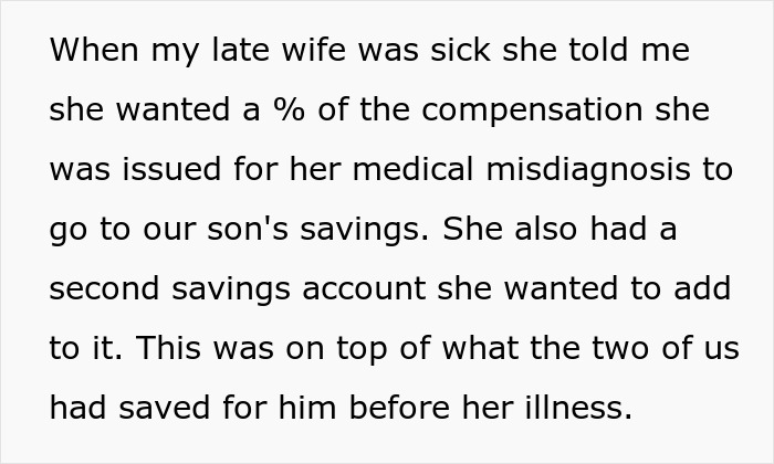 Text describing wife throwing a tantrum over husband not revealing how much stepson inherited from late mother.