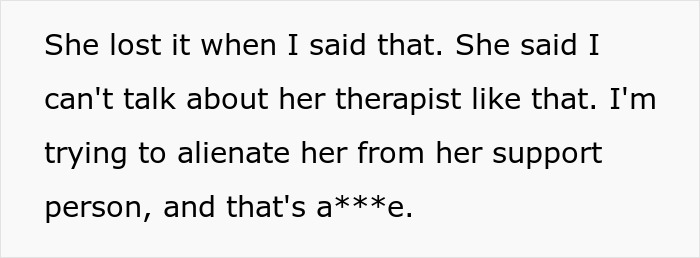 Text discussing conflict about a wife&rsquo;s therapist, highlighting issues in marriage and therapy relationships.