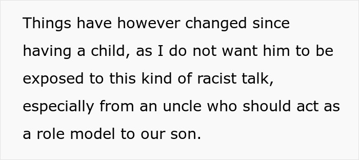 Text excerpt discussing concerns about racist talk from a family member during dinner impacting their child&rsquo;s environment.