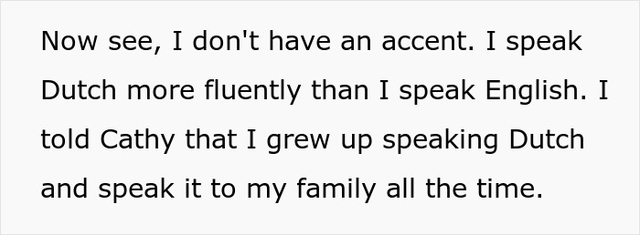 Text about woman claiming to know Dutch fluently, embarrassing new colleague by speaking the language at work.