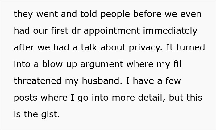 Text excerpt from a story about a couple banning toxic in-laws from visiting their newborn after privacy and threats issues.