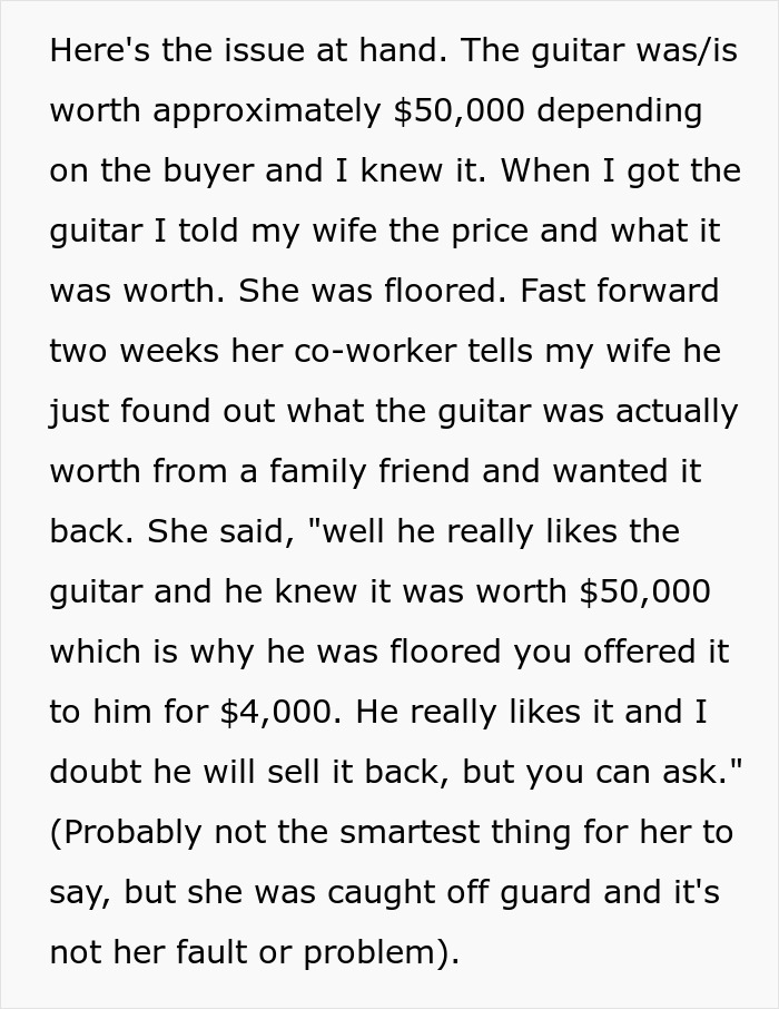 Text excerpt discussing a man buying a $50K guitar for $4K and refusing to sell it back after the truth was revealed. Text excerpt discussing a man buying a $50K guitar for $4K and refusing to sell it back after the truth was revealed.