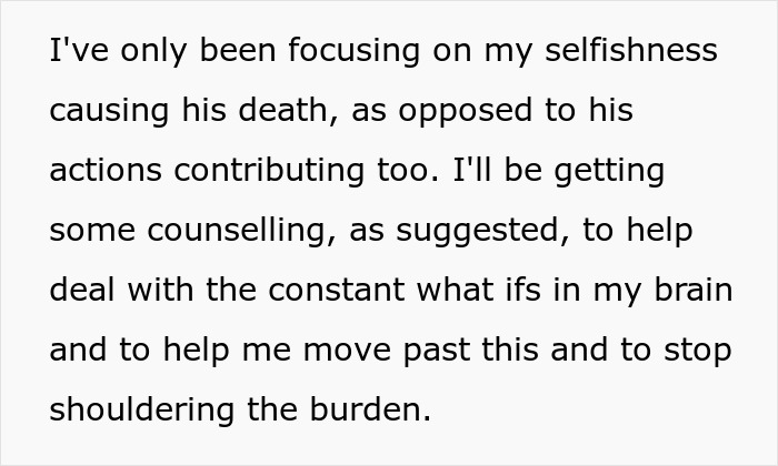Text excerpt discussing feelings of guilt and counseling to cope with refusal to donate liver lawsuit burden.