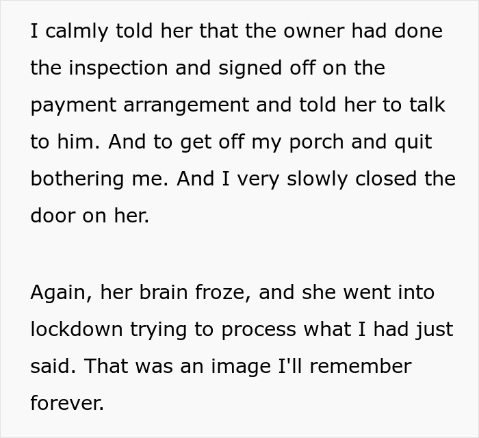 Text describing a tenant calmly handling an on-site landlord acting awful before rent was doubled dispute.