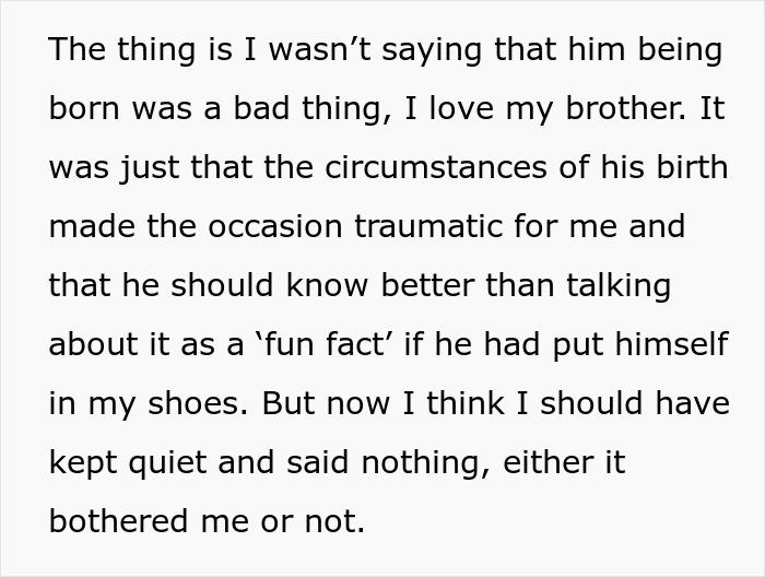 Text showing a woman explaining how her brother&rsquo;s birth circumstances caused trauma, making him feel like she hates him.