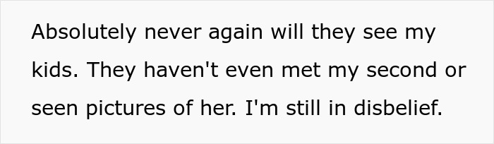 Text post expressing disbelief that toxic in-laws will never see the kids or photos of the newborn again.