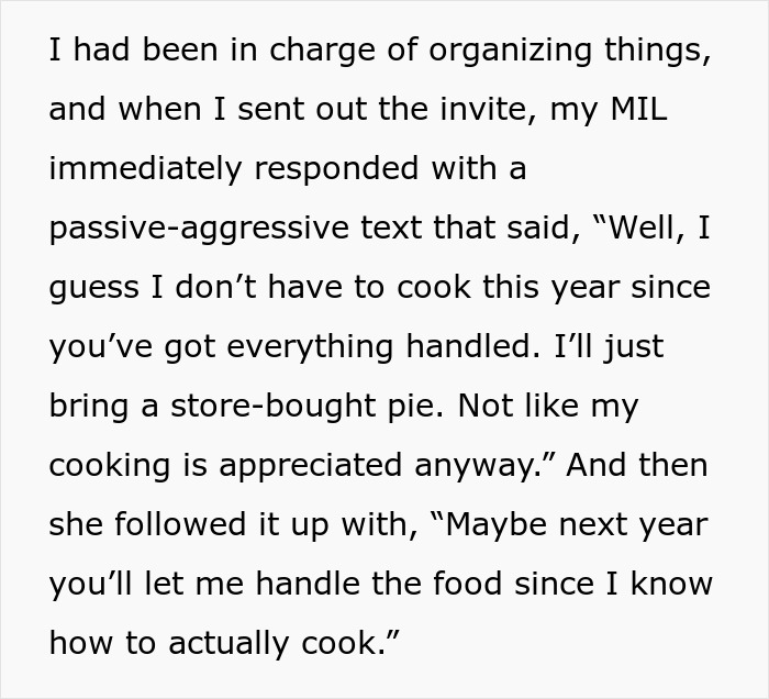 Text message exchange showing a rude mother-in-law being passive-aggressive about holiday cooking plans.