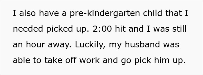 Text document showing a mother discussing challenges with picking up a pre-kindergarten child during a procedure update delay.