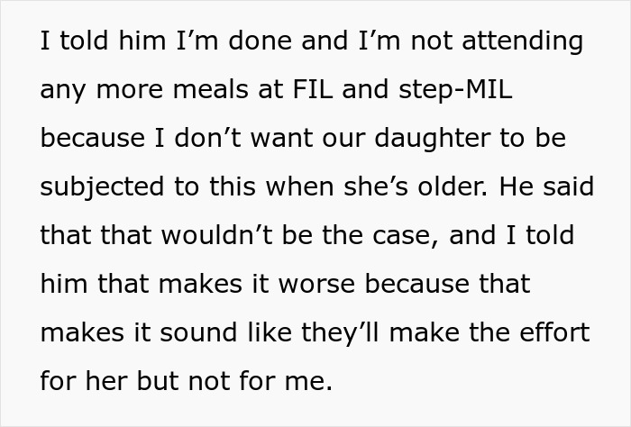 Text excerpt about a mom refusing to attend family dinners after feeling ignored by her in-laws. Text excerpt about a mom refusing to attend family dinners after feeling ignored by her in-laws.