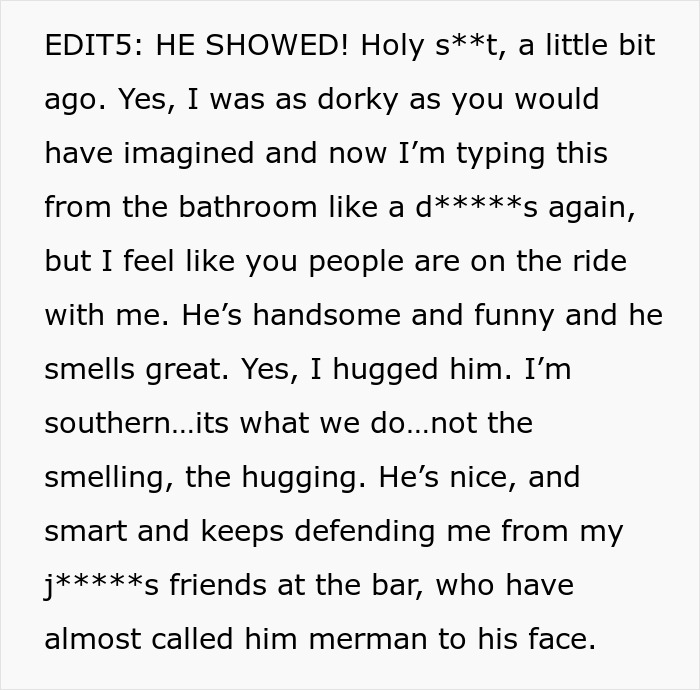 Text from a woman describing her embarrassment and excitement after scoring a date with an elite military diver.