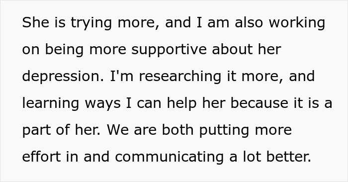 Text about being more supportive and learning to help with depression, improving communication and effort in the relationship. Text about being more supportive and learning to help with depression, improving communication and effort in the relationship.