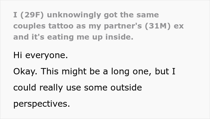 Woman upset about unknowingly getting the same couple tattoo as her boyfriend's ex, seeking advice and perspective.