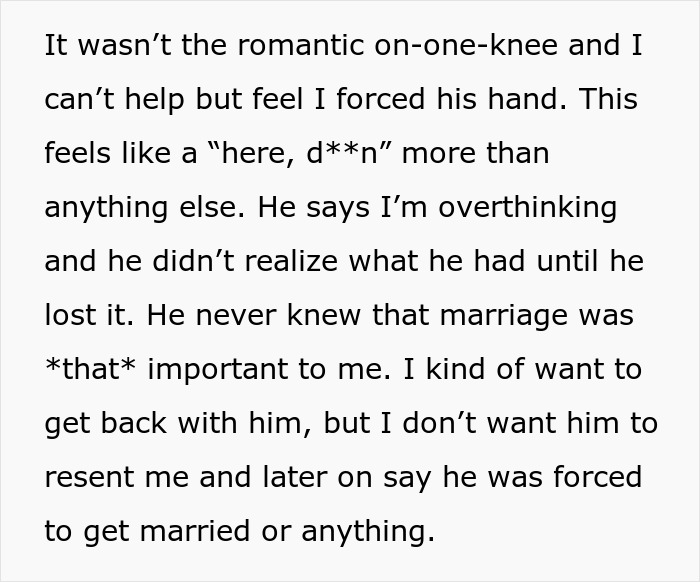 Text discussing a man proposing two months after his girlfriend dumped him and revealing his true colors when she refuses.