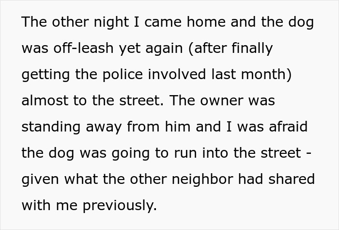 Text excerpt about HOA board member ignoring pet ownership rules, neighbor concerned and involving police for safety.