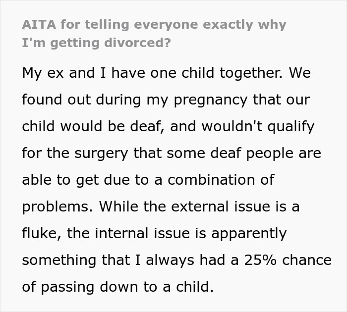 Text post discussing a husband leaving because he can't deal with a deaf baby, blaming his wife for it.