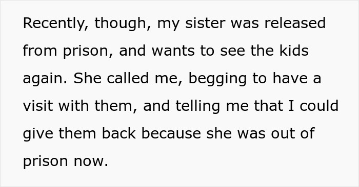 Text discussing sister recently released from prison wanting to see kids again after being out as an ex-con mom. Text discussing sister recently released from prison wanting to see kids again after being out as an ex-con mom.