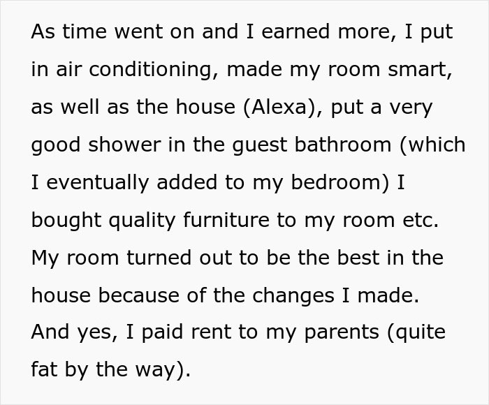 Text describing a daughter upgrading and remodeling her room after being kicked out by her parents, showing renovation and revenge.