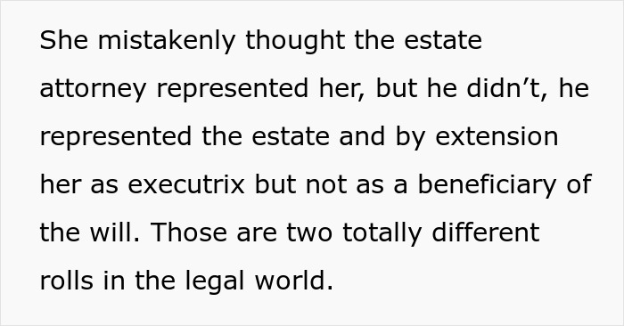 Text explaining the legal roles of an estate attorney and executrix versus beneficiary in a grieving daughter's dispute.