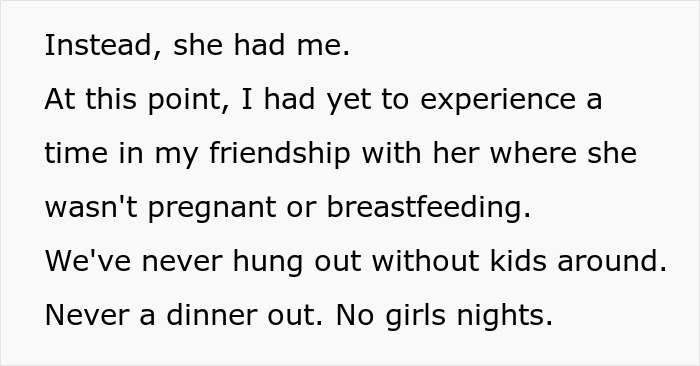 Text from a personal story about a friendship affected by kids and parenting, describing lack of time for girls nights or dinners out.