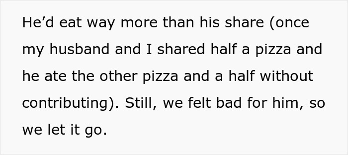 Text excerpt about a friend who ate way more than his share, highlighting an issue with a friend eating everything owned. Text excerpt about a friend who ate way more than his share, highlighting an issue with a friend eating everything owned.