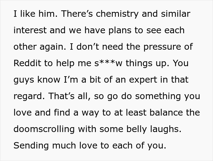 Text on a white background discussing plans to see someone again, emphasizing chemistry despite embarrassment, with a positive closing message.