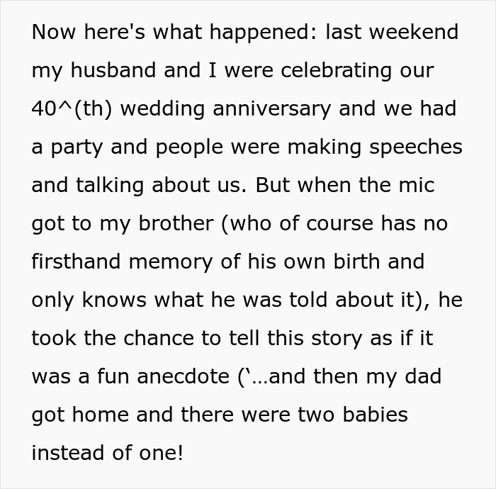 Woman makes brother feel like she hates him after he thanks her for delivering him, capturing a tense family moment.