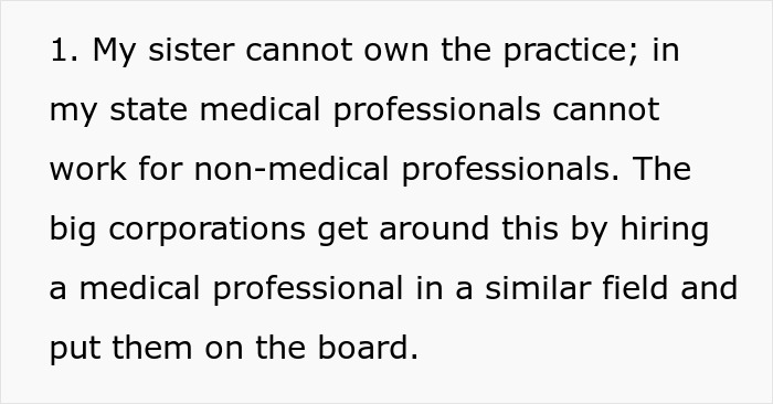 Text excerpt explaining medical practice ownership rules, highlighting doctor refuses to rehire sister after costly loss.