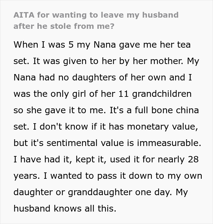 Text excerpt about a woman&rsquo;s tea set with sentimental value causing marital conflict after husband steals it and gives to niece.