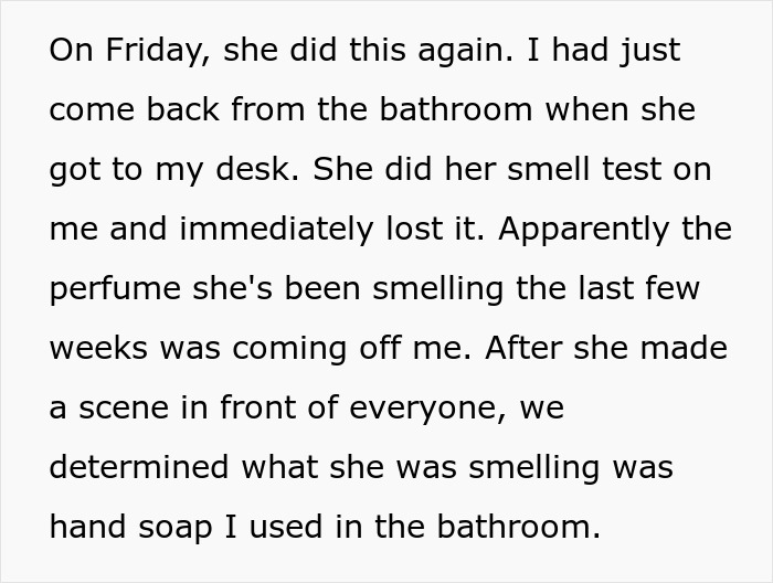Text excerpt describing a coworker sensitive to smells who stopped washing hands after a perfume scent caused discomfort. Text excerpt describing a coworker sensitive to smells who stopped washing hands after a perfume scent caused discomfort.