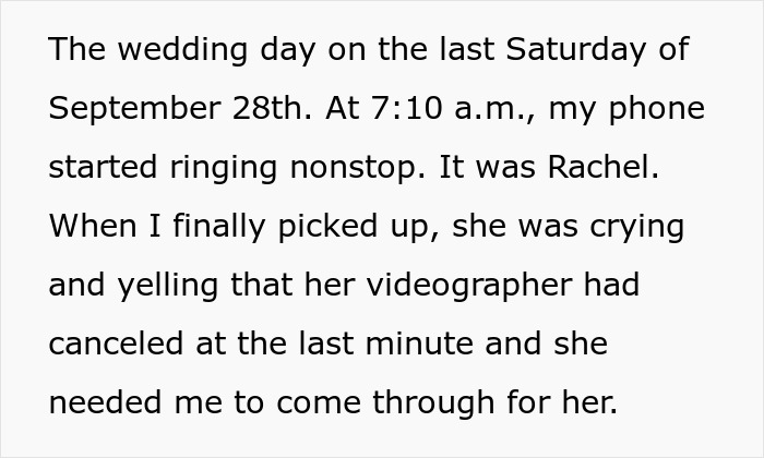 Text describing a woman refusing to film husband&rsquo;s coworker&rsquo;s wedding for free after last-minute cancellation request.