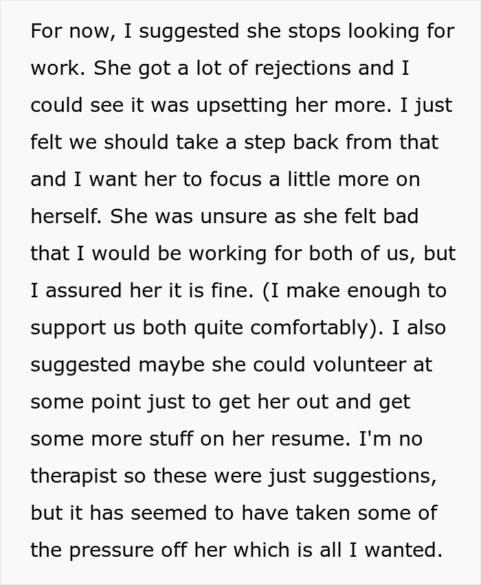 Text excerpt about a boyfriend suggesting his depressed girlfriend take a break from job hunting to relieve pressure and focus on herself. Text excerpt about a boyfriend suggesting his depressed girlfriend take a break from job hunting to relieve pressure and focus on herself.