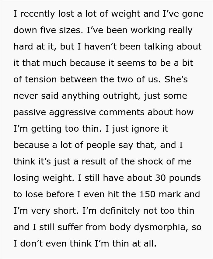 Text excerpt about a woman discussing losing weight, body dysmorphia, and tension with a coworker over clothing and size. Text excerpt about a woman discussing losing weight, body dysmorphia, and tension with a coworker over clothing and size.