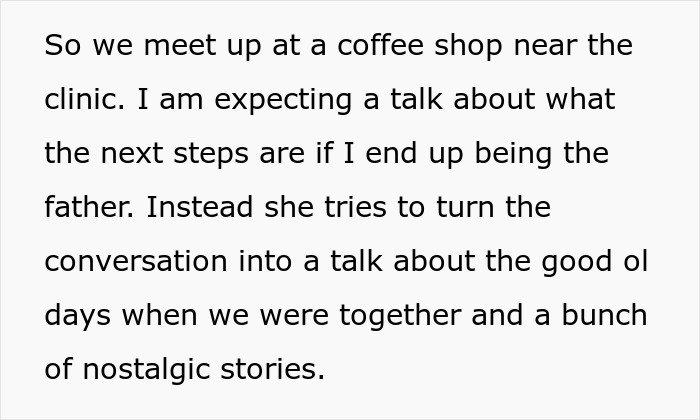 Text excerpt about meeting at a coffee shop where the cheater tries a baby lie but he calls her bluff and finds peace.