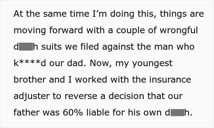 Text excerpt about grieving daughter pursuing wrongful death suits and insurance claims to fight step-monster financially.