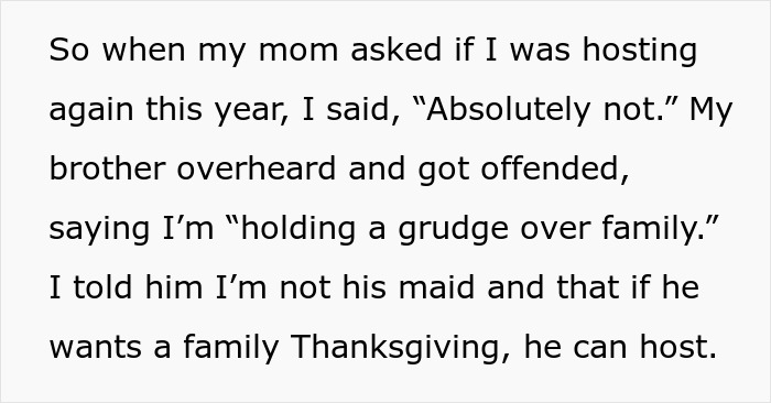 Text excerpt showing a woman refusing to host Thanksgiving again after family treated her house like an Airbnb.