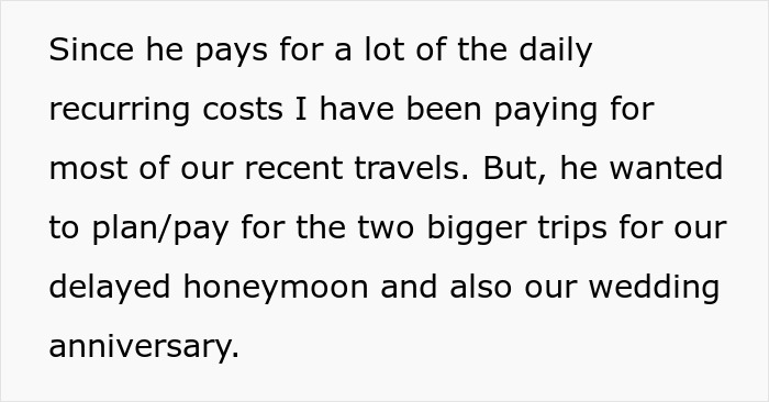 Text excerpt about planning and paying for anniversary and honeymoon trips, highlighting surprise anniversary trip planning. Text excerpt about planning and paying for anniversary and honeymoon trips, highlighting surprise anniversary trip planning.
