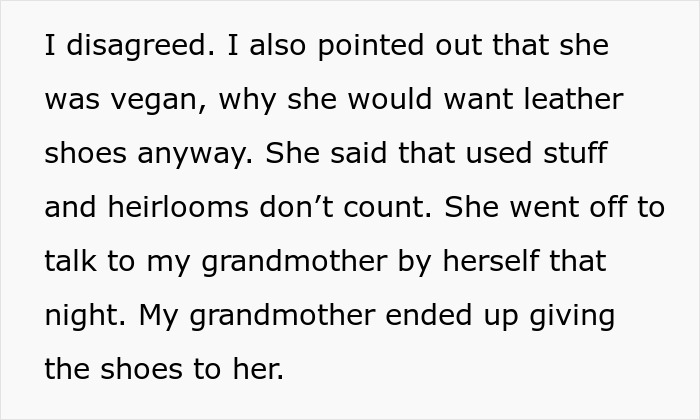 Text excerpt showing a disagreement about vegan sister wearing grandma&rsquo;s leather shoes and family heirloom conflict.