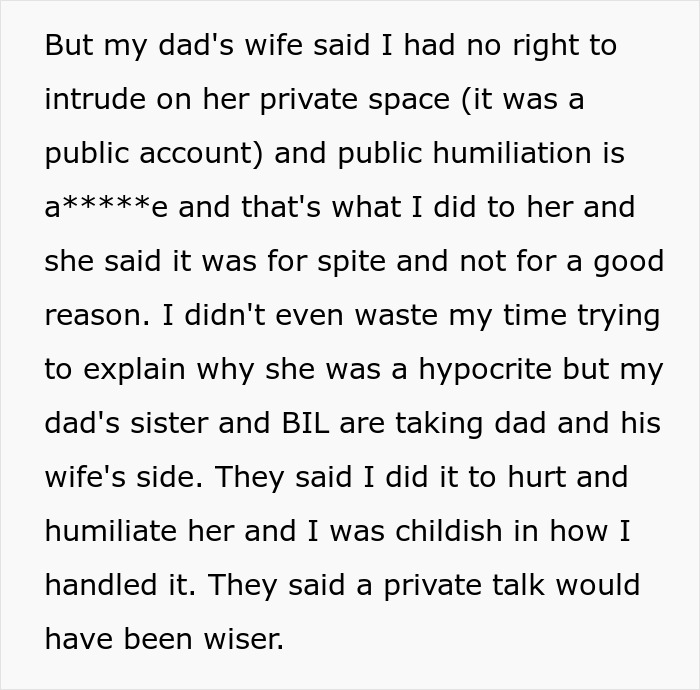 Text about teen confronting stepmom's hypocrisy and public lies, causing family conflict and hurt feelings online.