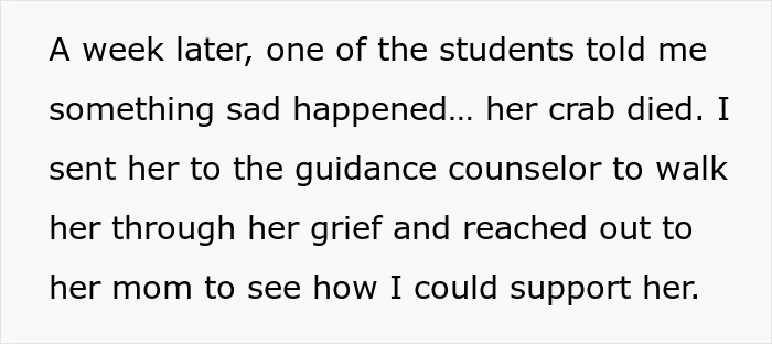 Teacher responds to student&rsquo;s grief after hermit crab pet dies, facing backlash from a parent over the situation.