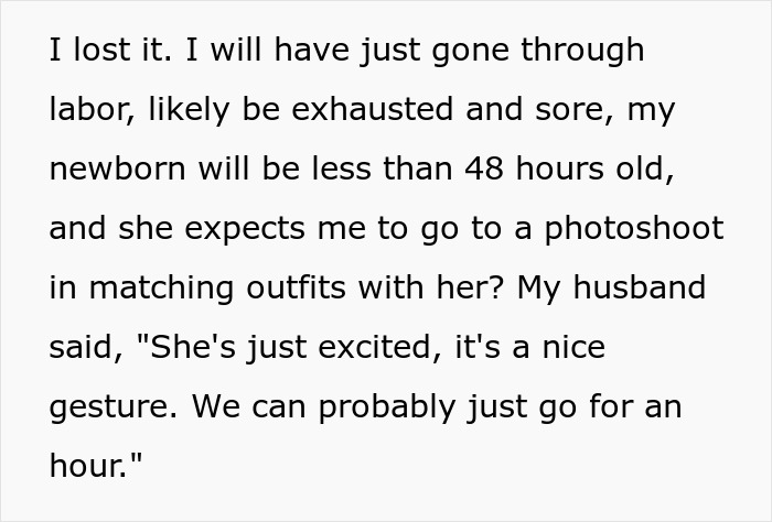 Text excerpt showing frustration about MIL booking a photoshoot just after the DIL gives birth, with husband siding with MIL.