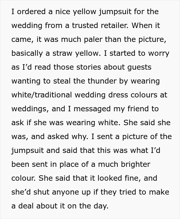 Chat screenshots show woman clapping back after being shamed for her wedding guest attire in pale yellow jumpsuit. Chat screenshots show woman clapping back after being shamed for her wedding guest attire in pale yellow jumpsuit.