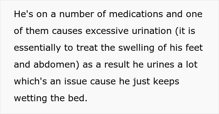 Text excerpt explaining husband&rsquo;s excessive urination issue causing bedwetting due to medication side effects.
